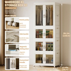 Portable Wardrobe Closet Foldable Clothes Cabinet Oraganizer w/ 3pcs Storage Box - Picture 1 of 9