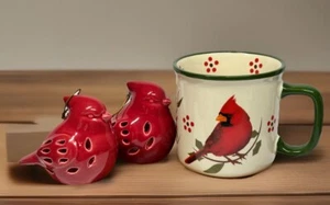 Temptations Red Bird Cardinal Mug & 2 Battery Tea Light Ceramic Ornaments Lot - Picture 1 of 18