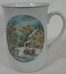 Currier & Ives Coffee Mug Winter Scene Gold Trim Porcelain Cup Tea Latte - Picture 1 of 5