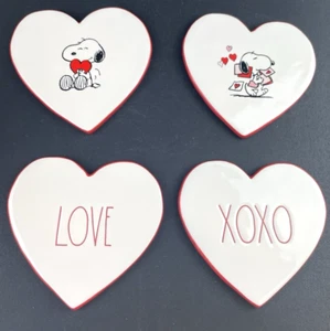 RAE DUNN Peanuts Snoopy Coasters Ceramic Love XOXO LOVE 4 Pc Set Hearts NEW - Picture 1 of 9