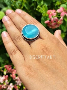 Aqua Chalcedony Gemstone Handmade Ring, 925 Silver Statement Ring Gift For Her - Picture 1 of 9