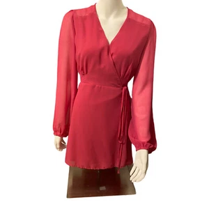 Urban Outfitters Womens Coral Red Long Sleeve Surplice Neck Wrap Dress Size M - Picture 1 of 12