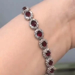 Oval Cut Lab Created Red Ruby Women's Halo Tennis Bracelet 14K White Gold Plated - Picture 1 of 3