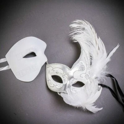 White Silver Phantom Feather Venetian Half Face Masquerade Masks for Couples - Image 1 of 3