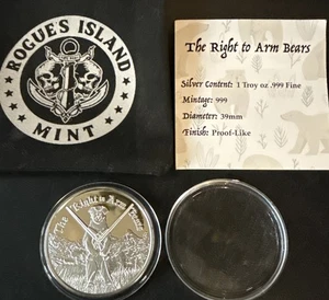 Bolsa de monedas de plata Rogues Island Mint The Right To Arm Bears de 1 oz y certificado de autenticidad - Imagen 1 de 11