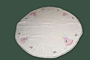 HANDMADE EMBROIDERED TABLE CLOTH WHITE SOUTHERN BELLE 50" DIAMETER CROCHET TRIM - Picture 1 of 12