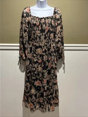 Lauren Conrad Floral Square Neck Lined Dress Black M Chiffon 3/4 Sleeves - Image 1 of 4