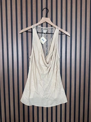 Nuevo Top Alta Hippie Pequeño Mujer Champagne Beige 100% Seda Encaje Transparente Capucha Trasera Foto 1 de 4