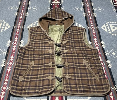 Outdoorsman Fisherman Plaid Australian Wool Hooded Vest S Toggle Brown T35 - Image 1 of 4