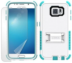 Blanc Turquoise Robuste Tri-Bouclier Coque Rigide Support Pour Samsung Galaxy S6 - Photo 1 sur 2