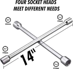 ⭐ Heavy Duty 14-Inch Universal 4-Way Tire Iron Wheel Lug Nut Wrench Tool Silver - Picture 1 of 6
