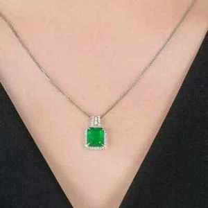 3Ct Emerald Cut Natural Emerald Women Halo Pendant 14K White Gold Plated 18'' - Picture 1 of 6