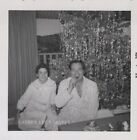 1958 Original B&W Photo Christmas Morning Tree Tinsel Ornaments Man Girl #137