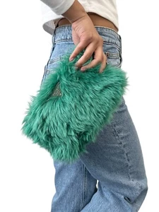 PRADA Vintage Logo Fur Clutch Bag Wristlet Bag Pouch Green Silver Leather - Picture 1 of 12