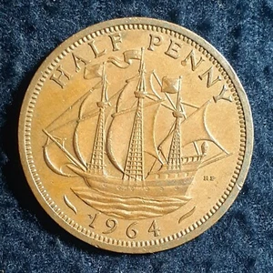 1964 United Kingdom Half Penny Queen Elizabeth II 3 Masted Ship 25.4mm coin - Picture 1 of 10