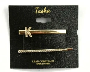 K Tasha Womens 2 Pack Initial Crystal Salon Length Clips Gold Tone Plate Glass - Picture 1 of 7
