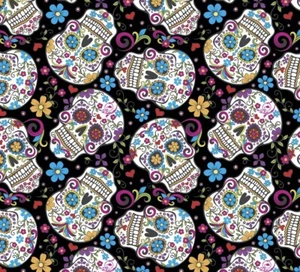 1 Black Sugar Skull 18" X 22" Day Of The Dead Fat Quarter 100% Cotton Fabric - Picture 1 of 1