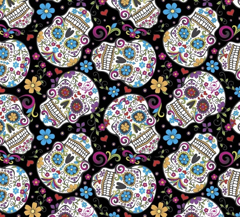 1 Black Sugar Skull 18" X 22" Day Of The Dead Fat Quarter 100% Cotton Fabric - Image 1 of 1