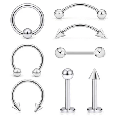 8 Pcs Surgical Steel Nose Ring Eyebrow Lip Studs Earrings Body Piercing Set 16G - Image 1 of 4