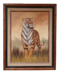 Vintage Tiger 80s Oil Painting On Canvas By REX 16X20 Wall Hanging - Picture 1 of 6