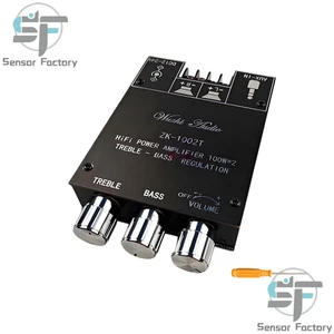 ZK-1002T Bluetooth 5.0 Stereo Amplifier Board Treble Bass 2 Channel 100W*2 New - Picture 1 of 2