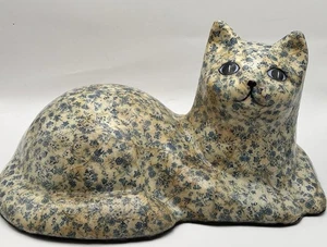 Vintage Decoupage Keramik Katze Figur Türstopper blau & creme Blumen Cottagecore - Bild 1 von 7