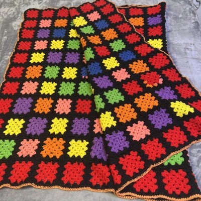VTG Hand Knit Granny Square Afghan Throw Primary Colors Blanket 65” x 40” - Image 1 of 4
