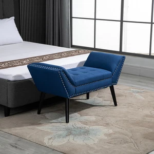 Button Tufted Bench w/ Armrest & Wooden Frame for Bedroom or Entryway - Picture 1 of 11