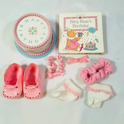 15" American Girl Doll Bitty Baby 1995 Birthday Dress Pink Shoes, Headband, Cake - Image 1 of 4
