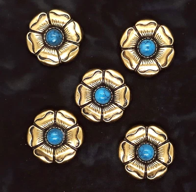 Cactus Flower w. Synthetic Turquoise Center Concho/Conchos 1" Five Count Bronze - Image 1 of 4