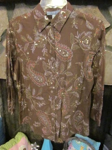 Damen Bluse Gr. S (8) dunkelbraun mit Sticknähten & Pailletten süß - Bild 1 von 11