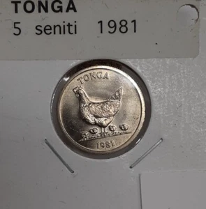 Moneda Tonga 5 Seniti CuNi 1981 (FAO) Día Mundial de la Alimentación gallina con pollitos BU - Imagen 1 de 2