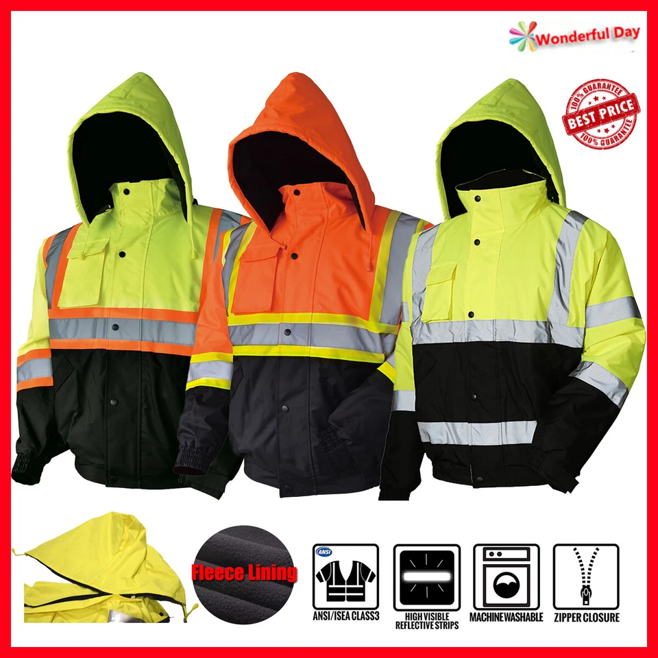 Hi-Vis Insulated Safety Bomber Reflective Class 3 Winter Jacket Warm Lined Coat  - Image 1 of 4