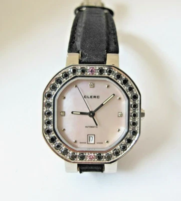 CLERC 自动日期拖把表盘,黑色钻石表圈女士手表 30 毫米 — 第 1/4 张图片