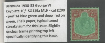 BERMUDA SG119a THE 1939  GVI 10/- BLUISH GREEN&DEEP RED/green FINE MINT CAT £200 - Image 1 of 2