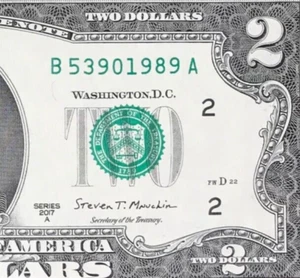 B 5390 1989 A : TRAILING YEAR 1989 $2 Two Dollar Bill Serial Number - Picture 1 of 3