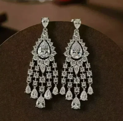 Real Diamond 3 CT Pear Drop Dangle Chandelier Earrings 14K White Gold Plated - Image 1 of 4