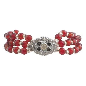 Vintage 3 strand bracelet Czech red faceted glass beads rhinestone clasp signed - Picture 1 of 3