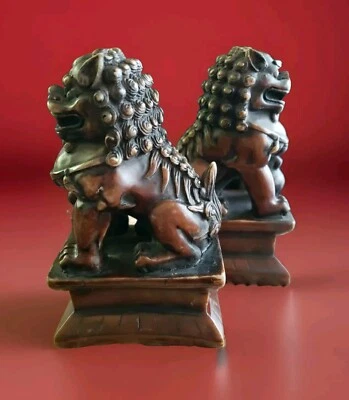 Vintage Fu Dogs Guardian Statues Handcarved Resin On Base 4.5" Set 2 - Image 1 of 4