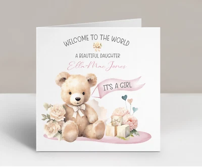 Personalised New Baby Girl Card It's a Girl Welcome to the world Vintage Teddy - Image 1 of 2