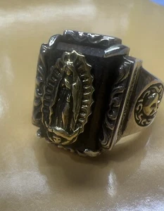 Sterling Silver Saint Virgin Mary Copper On Wood Unique Design Ring Size 8 - Picture 1 of 14
