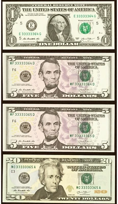 4 $1-$5-$5-$20 Matching Consecutive Serial Numbers Federal Reserve Bank Notes - Image 1 of 4