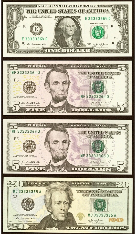 4 $1-$5-$5-$20 Matching Consecutive Serial Numbers Federal Reserve Bank Notes - Image 1 of 4