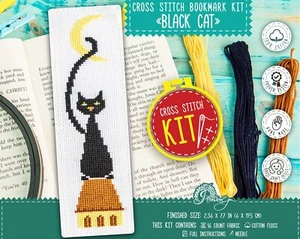 Bookmark embroidery kit for beginners 'Black Cat' with easy counted pattern - Picture 1 of 7