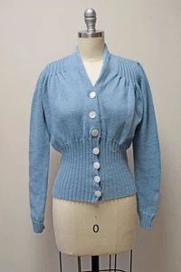 Vintage 1940’s Handknit Handmade Blue Wool Cardigan Sweater ~ XS - Picture 1 of 8