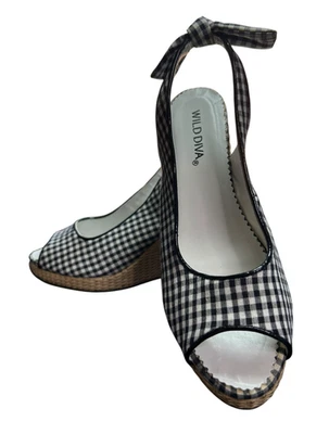 Wild Diva Slip On Peep Toe Wedge Alpargatas Femininas Tamanho 6 Azul Branco Xadrez Novo com etiquetas - Imagem 1 de 4