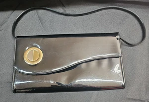 Lewis Crown Black Patent Leather Handbag 60's Gold Silver Accent 12.5" Long - Picture 1 of 19