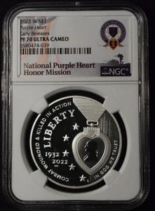 2022-W $1 COMMEMORATIVE PURPLE HEART SILVER DOLLAR NGC PF70 ULTRA CAMEO - Picture 1 of 2