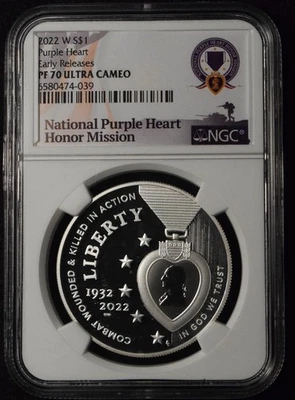 2022-W $1 COMMEMORATIVE PURPLE HEART SILVER DOLLAR NGC PF70 ULTRA CAMEO - Image 1 of 2