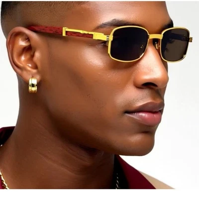 Gafas de sol rectangulares marco dorado brazos de madera lentes marrón oscuro hombres hip hop pequeñas nuevas Foto 1 de 4